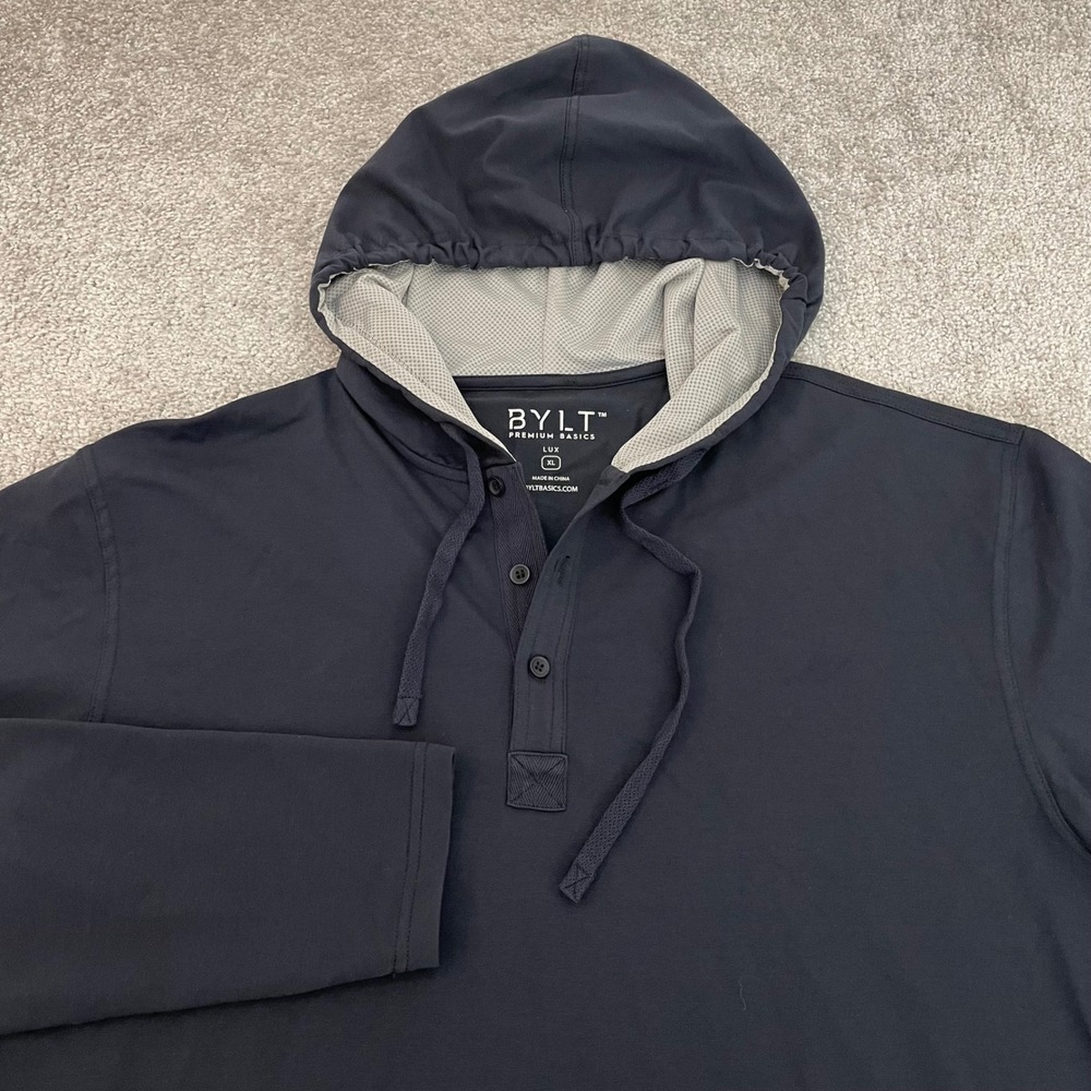 BYLT Henley Hoodie Mens Extra Large Lux Cotton Blend Navy Blue Long Sleeve